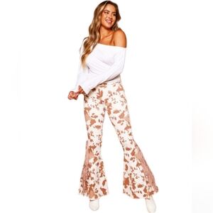 Altar'd State Cow Print High Rise Button Fly Super Flare Pant Fringe Size XS NWT